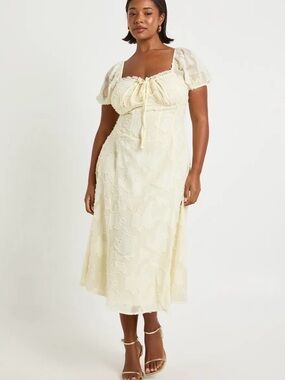 Boohoo Plus Pale Yellow Lace Midi Dress with Puff Sleeves